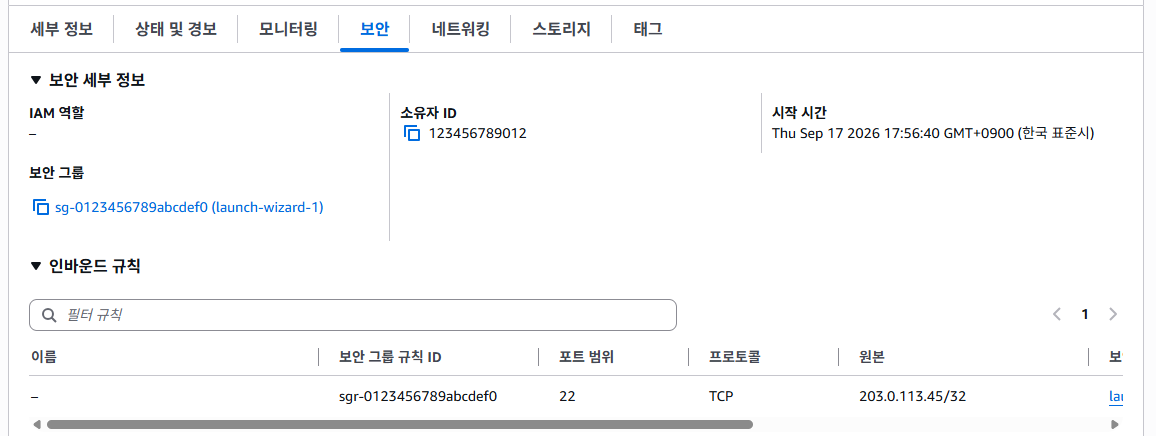 인스턴스 [보안] 탭 — 보안 그룹 링크와 현재 인바운드 규칙