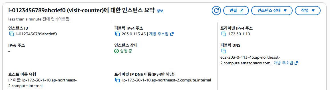 인스턴스 상세 — 퍼블릭 IPv4 주소를 여기서 확인한다