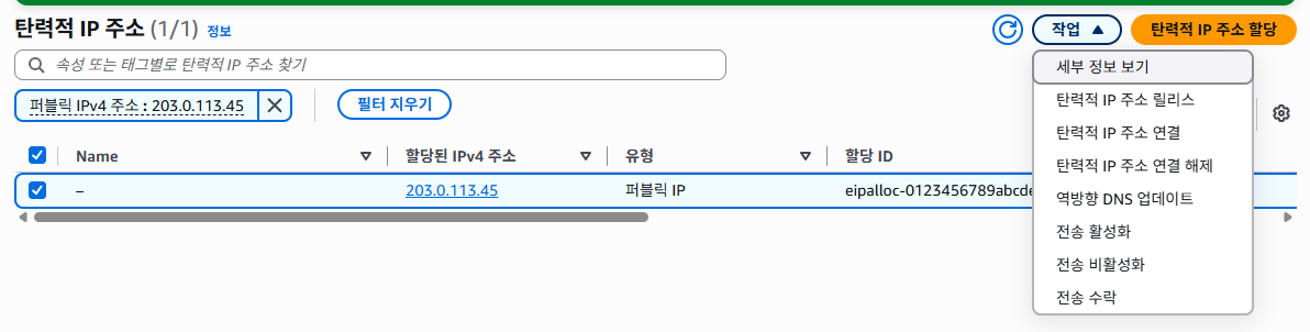 [작업] → [탄력적 IP 주소 연결]