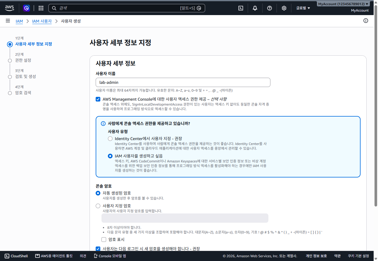 사용자 세부 정보 지정 — 콘솔 액세스와 사용자 유형