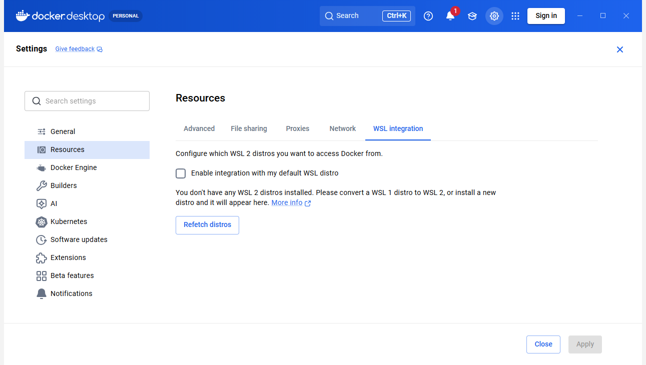 Settings → Resources → WSL integration