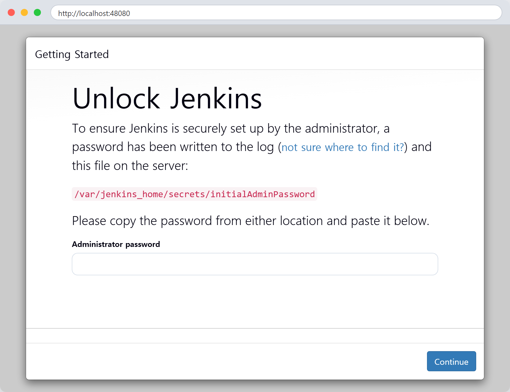 Jenkins 첫 화면 — 잠금 해제 암호는 컨테이너 안 파일에 있다