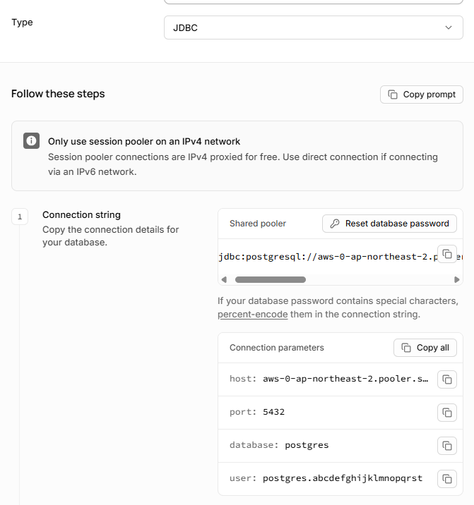 Session pooler — 사용자명이 postgres.<프로젝트REF> 다