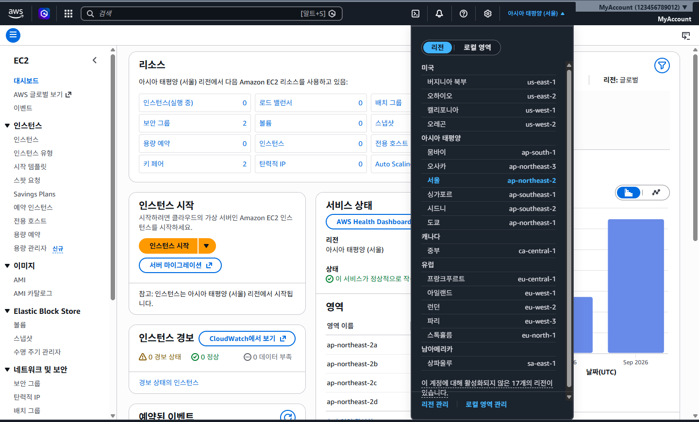 콘솔 우측 상단의 리전 선택기