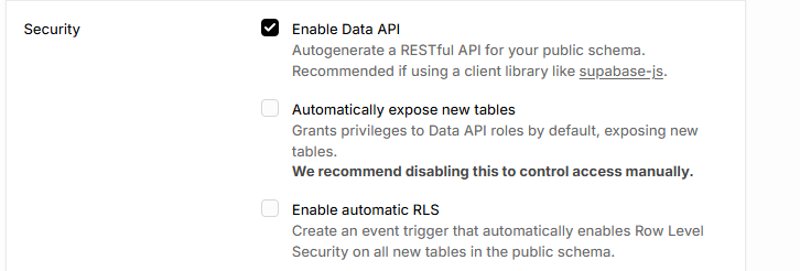 Security — [Automatically expose new tables]를 끈다