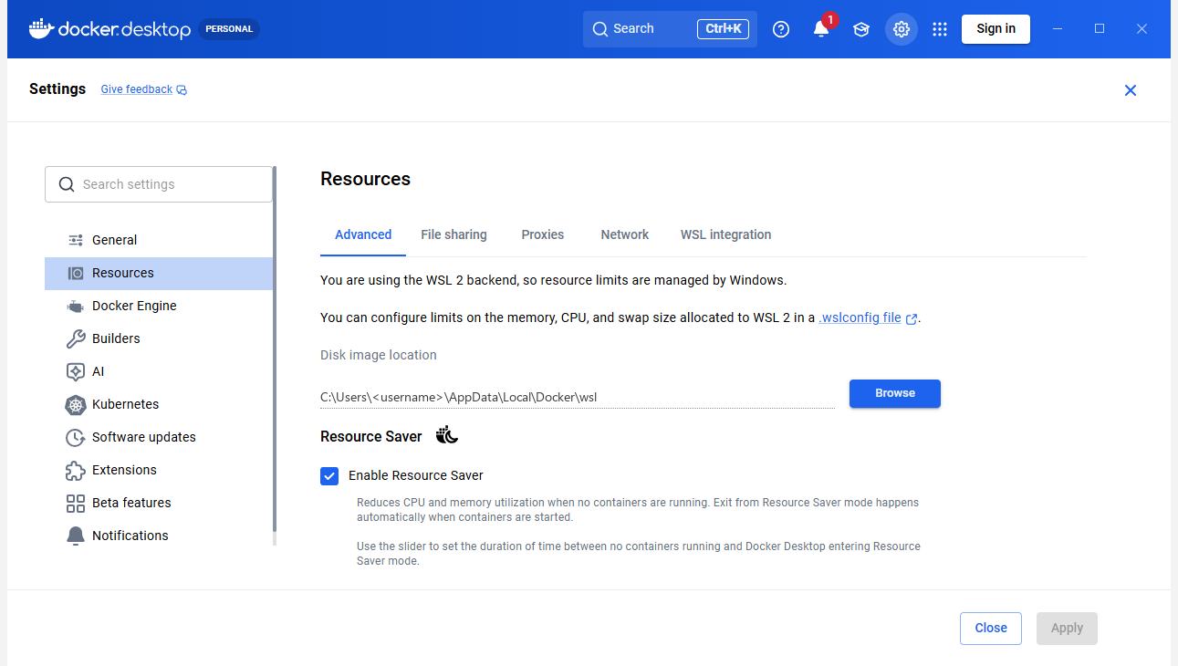 Settings → Resources → Advanced 의 Disk image location